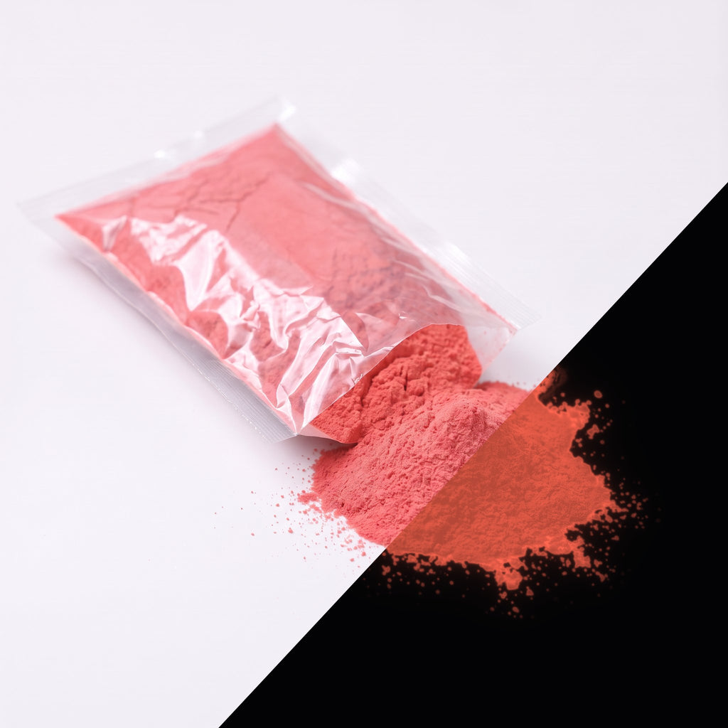 Feinpigment Rot-Rot 100 g: aufgeschnittener Beutel und Häufchen feines Pulver, bei Tag hellrot, rechts unten im Dunkeln rötlich leuchtend