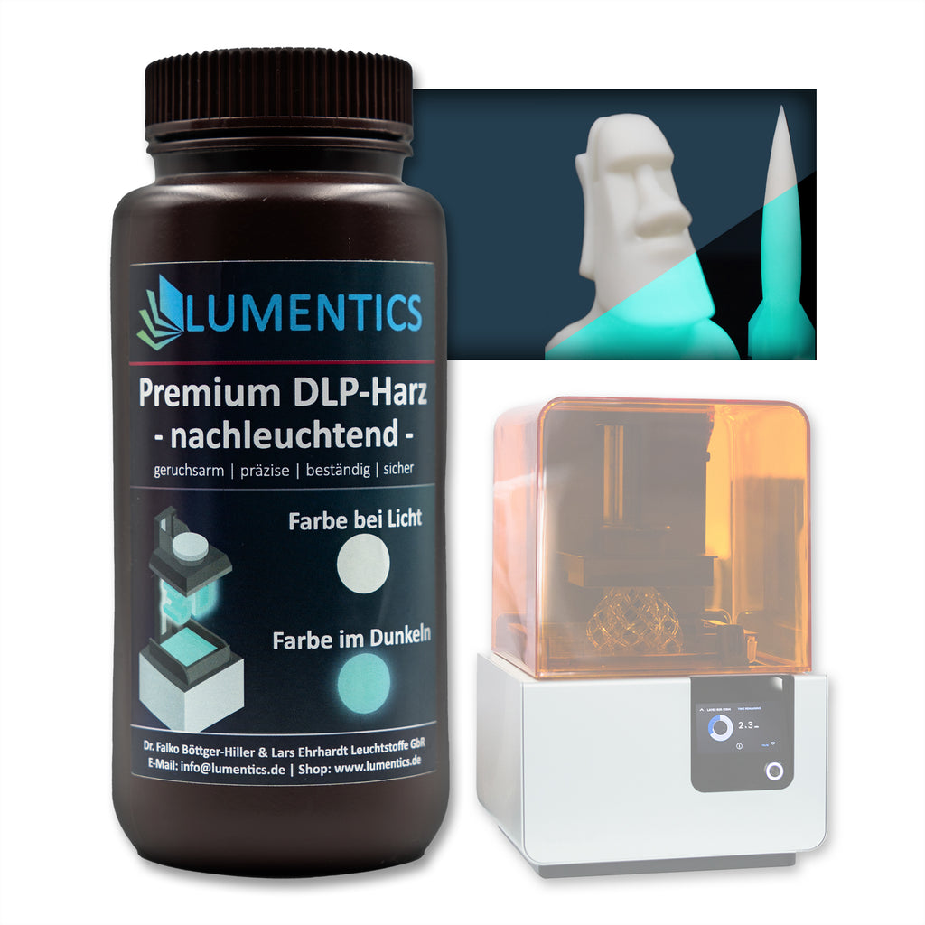3D-Druckharz Grünblau 500 g mit Resin-Drucker; gedruckte Figuren bei Licht weiß, im Dunkeln grünblau leuchtend