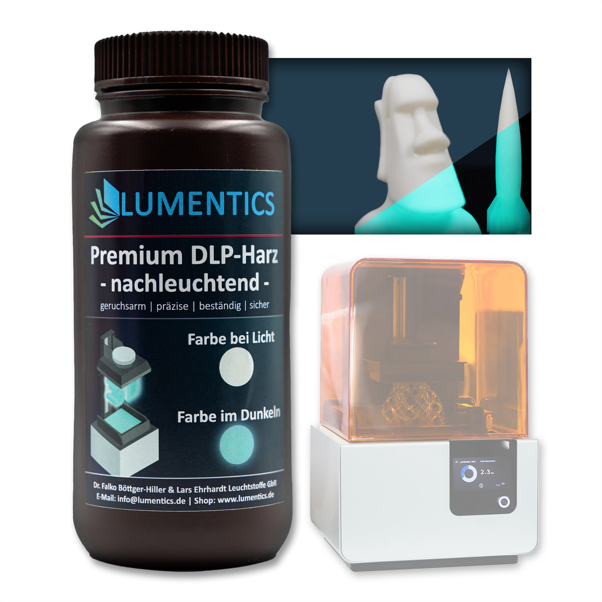 3D-Druckharz Grünblau 500 g mit Resin-Drucker; gedruckte Figuren bei Licht weiß, im Dunkeln grünblau leuchtend