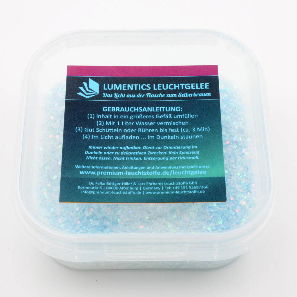 Leucht-Gelee mit Glitzer Blau/Blaugrün 50 g in der Dose bei Tageslicht, hellblau mit Glitzerpartikeln