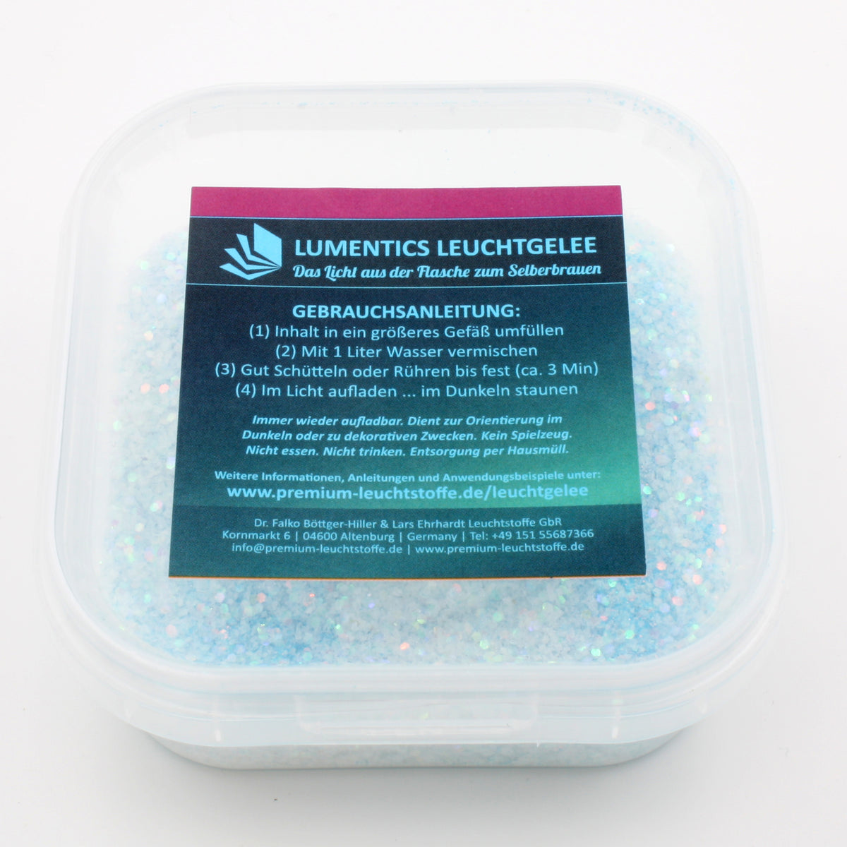 Leucht-Gelee mit Glitzer Blau/Blaugrün 50 g in der Dose bei Tageslicht, hellblau mit Glitzerpartikeln