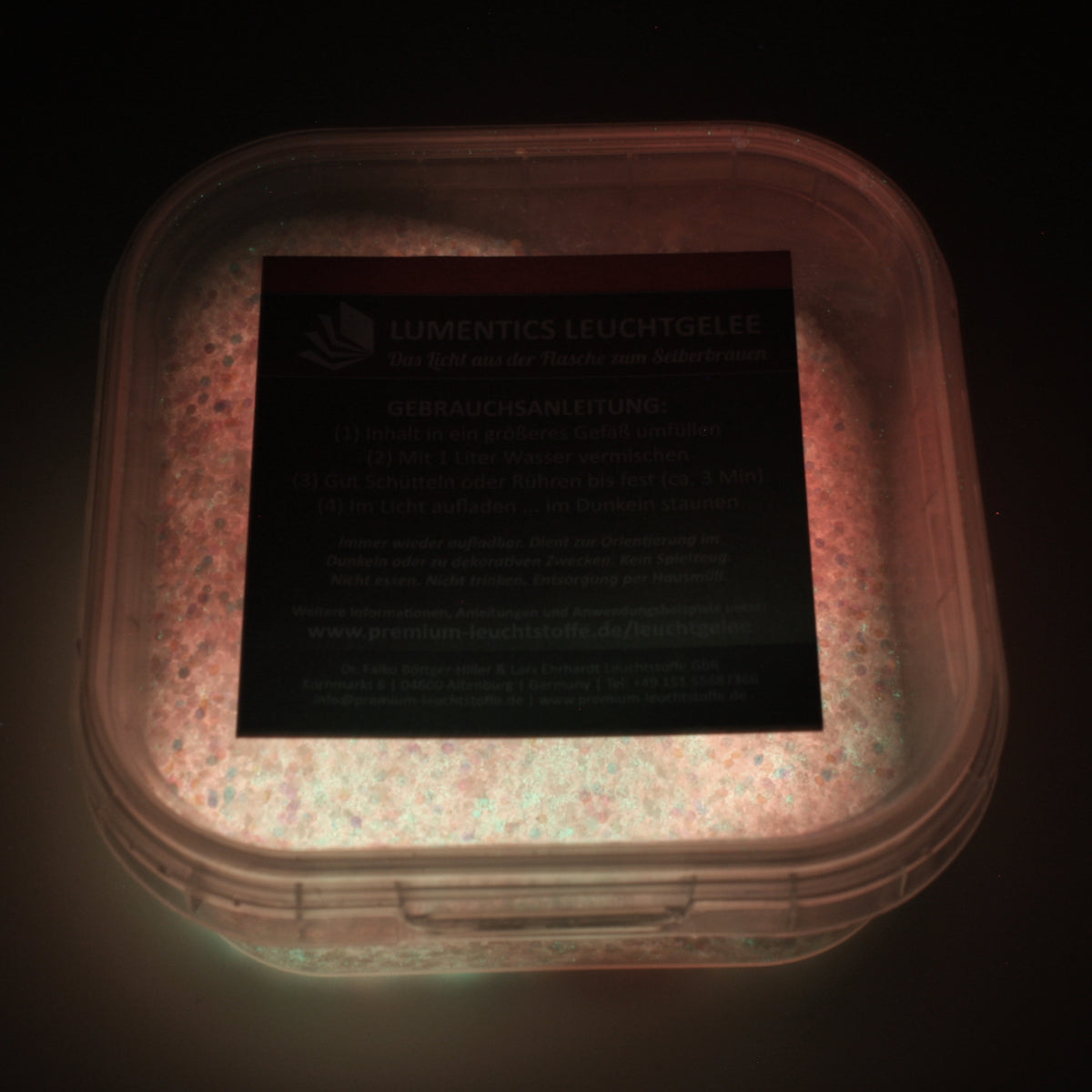 Leucht-Gelee mit Glitzer Rosa/Gelbgrün 50 g: Dose im Dunkeln, Pulver schwach leuchtend
