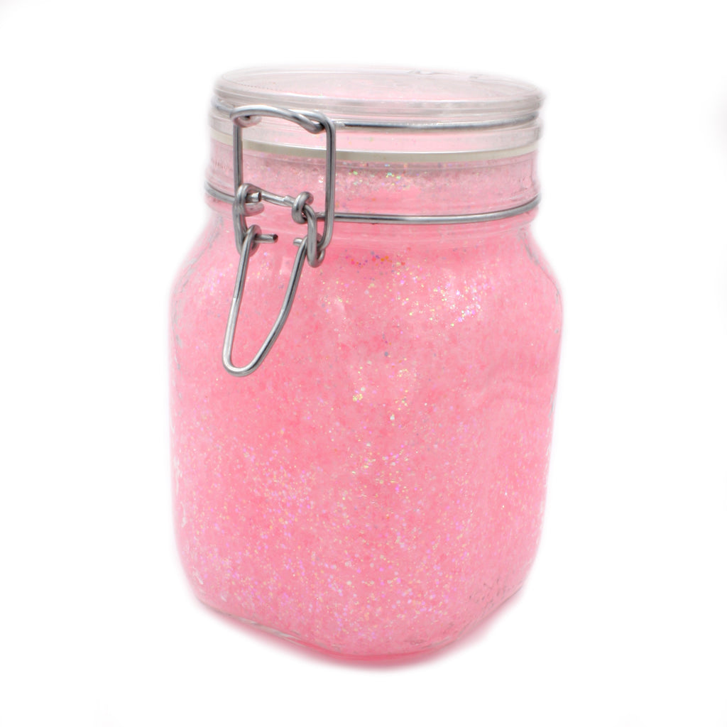 Leucht-Gelee mit Glitzer Rosa/Gelbgrün: rosa Leuchtgel mit Glitzer im Bügelglas bei Tageslicht
