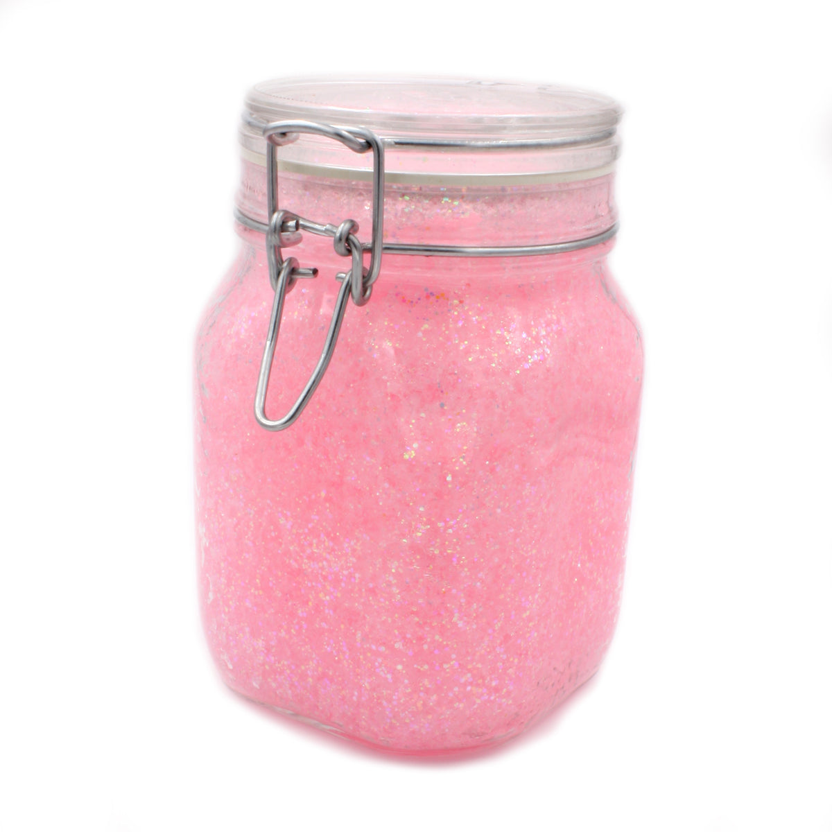 Leucht-Gelee mit Glitzer Rosa/Gelbgrün: rosa Leuchtgel mit Glitzer im Bügelglas bei Tageslicht