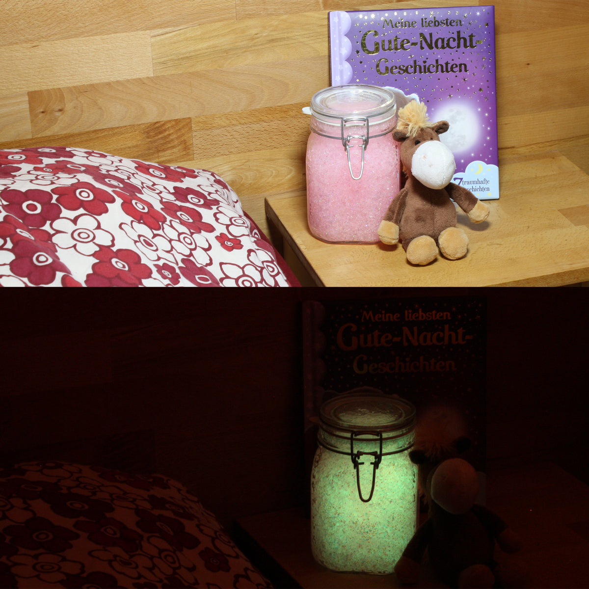 Leucht-Gelee mit Glitzer Rosa/Gelbgrün: Glas auf dem Nachttisch, oben bei Licht rosa, unten im Dunkeln grün leuchtend
