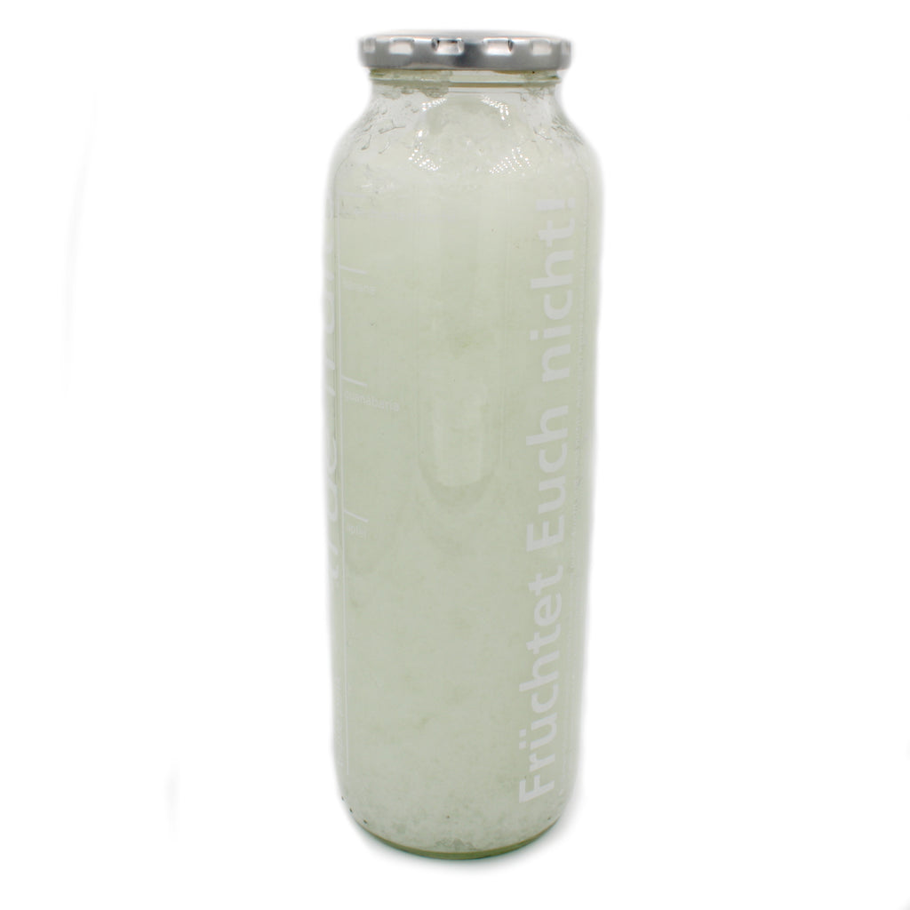 Glasflasche mit angerührtem Leucht-Gelee Natur/Blaugrün bei Tageslicht, milchig-weiß