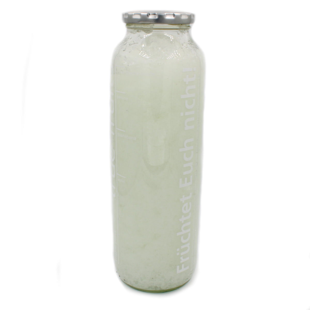Glasflasche mit angerührtem Leucht-Gelee Natur/Blaugrün bei Tageslicht, milchig-weiß