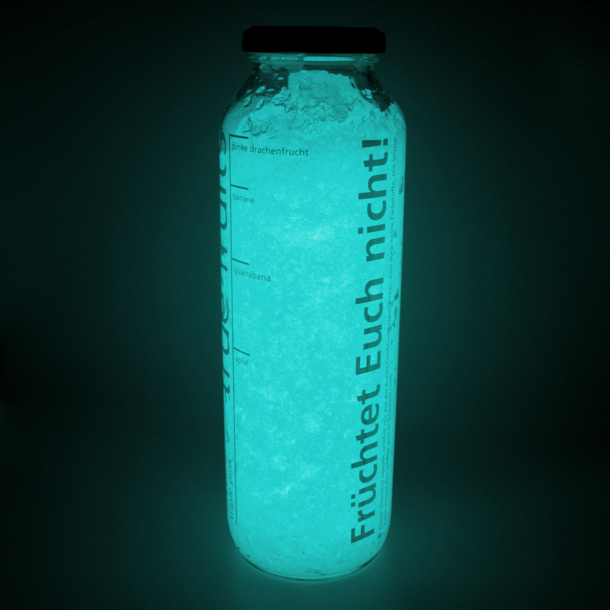 Glasflasche mit angerührtem Leucht-Gelee Natur/Blaugrün im Dunkeln, blaugrün leuchtend