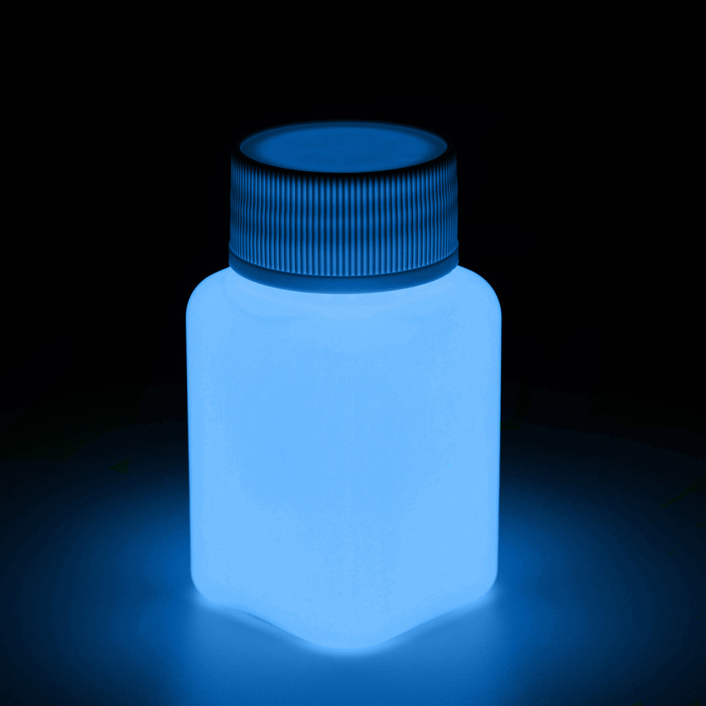 Leuchtfarbe Blau 100 g: Flasche im Dunkeln, blau leuchtend
