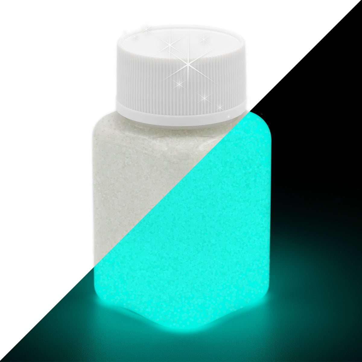 Glitzer-Leuchtfarbe Blaugrün 100 g: Flasche mit Glitzer, links bei Licht weißlich, rechts im Dunkeln blaugrün leuchtend