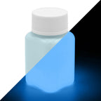 Leuchtfarbe Blau 100 g: Flasche, links bei Licht hellblau, rechts im Dunkeln blau leuchtend