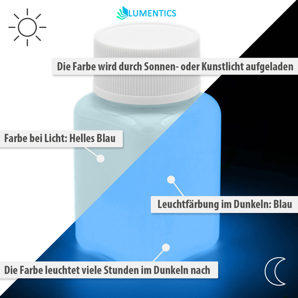 Leuchtfarbe Blau 100 g: Grafik mit Flasche bei Licht (hellblau) und im Dunkeln (Leuchtfärbung Blau)