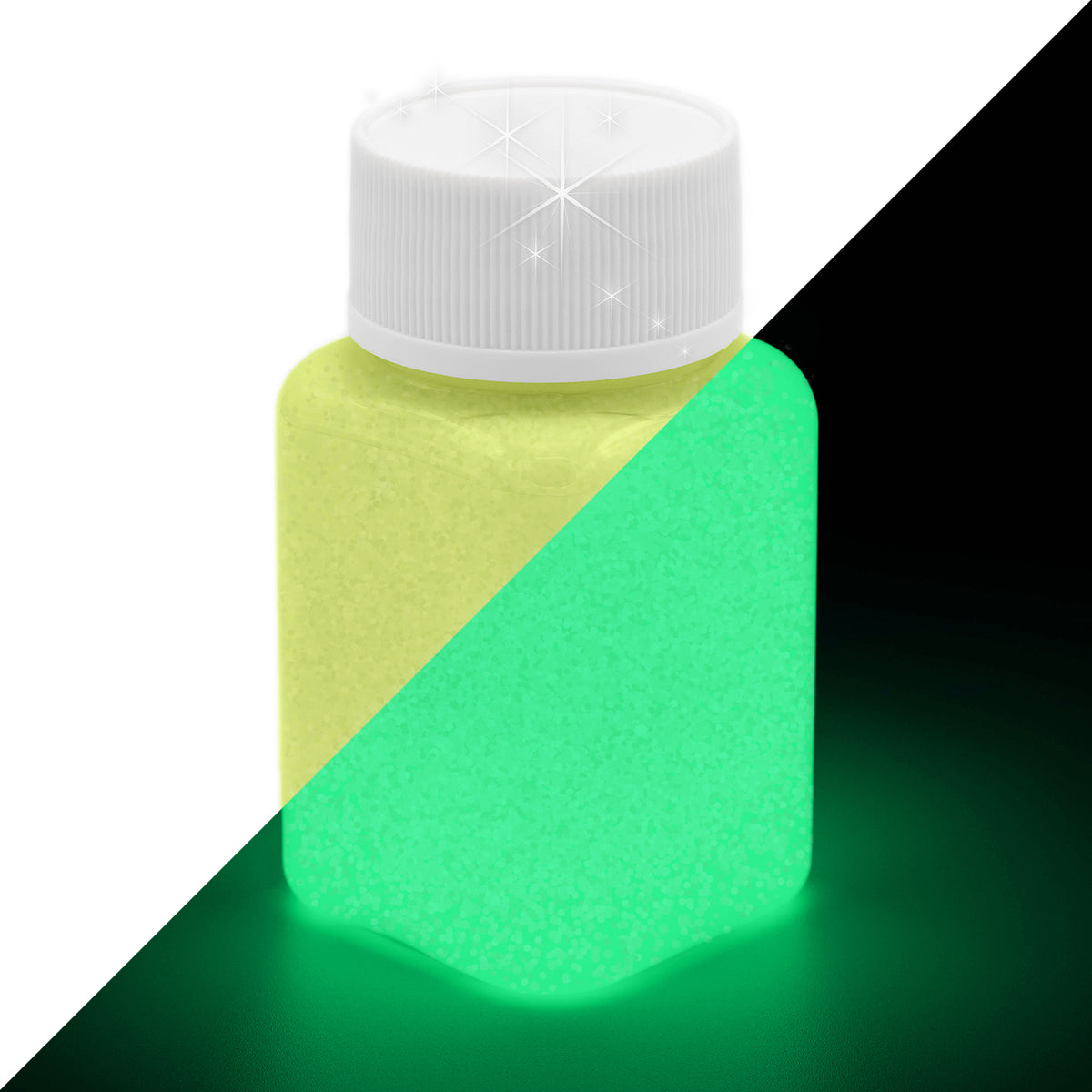 Glitzer-Leuchtfarbe Gelb 100 g: Flasche, links bei Tageslicht gelb mit Glitter, rechts im Dunkeln grün leuchtend