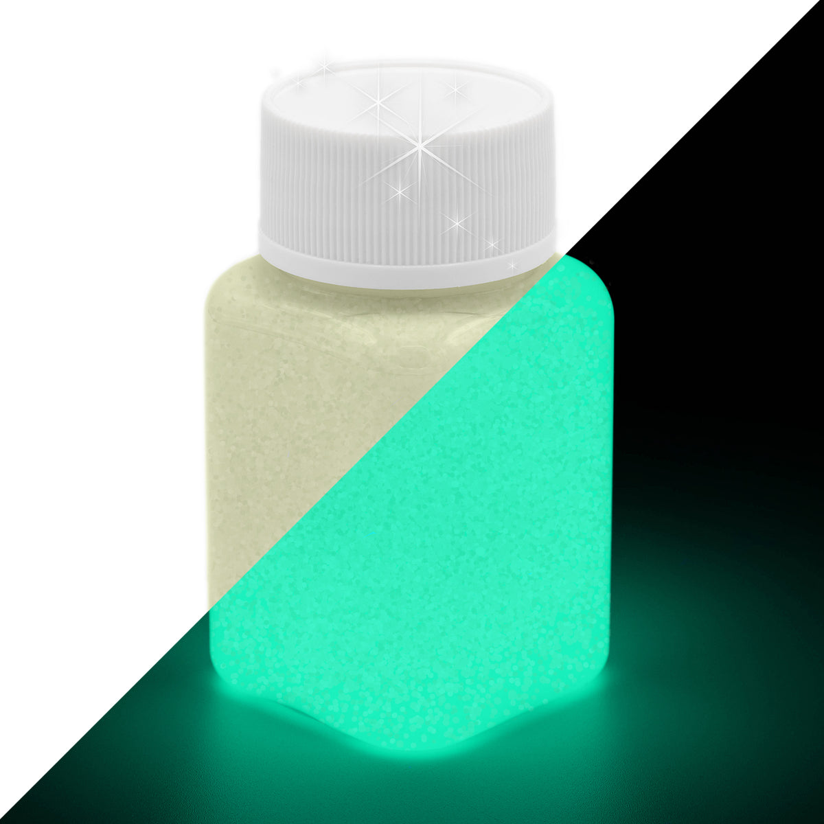 Glitzer-Leuchtfarbe Gelbgrün 100 g: Flasche, links bei Tageslicht cremefarben, rechts im Dunkeln grün leuchtend