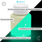 Leuchtfarbe Gelbgrün 100 g, Grafik: Farbe bei Licht Natur, im Dunkeln Gelb-Grün, Aufladung durch Licht