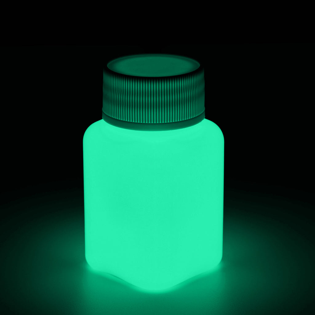Leuchtfarbe Grün 100 g in der Flasche im Dunkeln, grün leuchtend