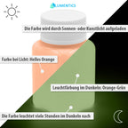 Leuchtfarbe Orange 100 g, Grafik: Tag-Ansicht Helles Orange, Nacht-Ansicht Orange-Grün, mit Beschriftungen