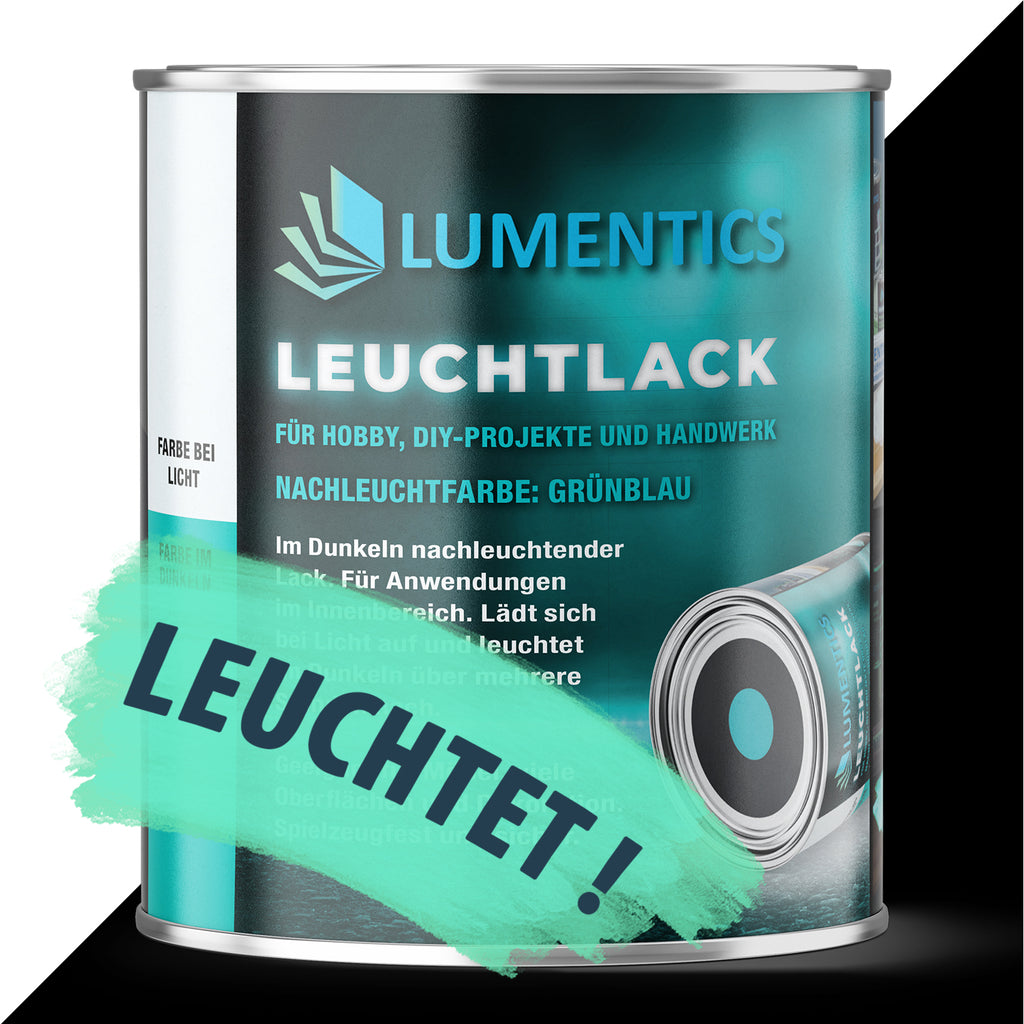 Leuchtlack Blaugrün 250 ml: Dose, daneben schwarze Fläche mit grünblauem Pinselstrich „Leuchtet!“