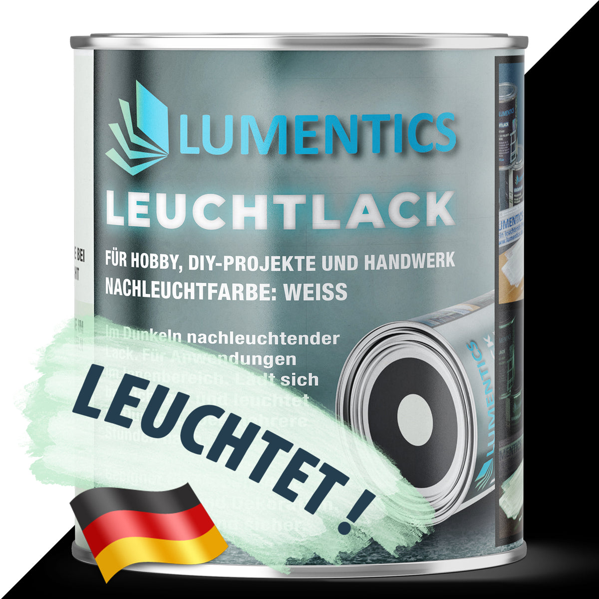 Leuchtlack Weiß 250 ml: Dose mit Aufschrift Leuchtlack und deutscher Flagge, rechts dunkler Hintergrund