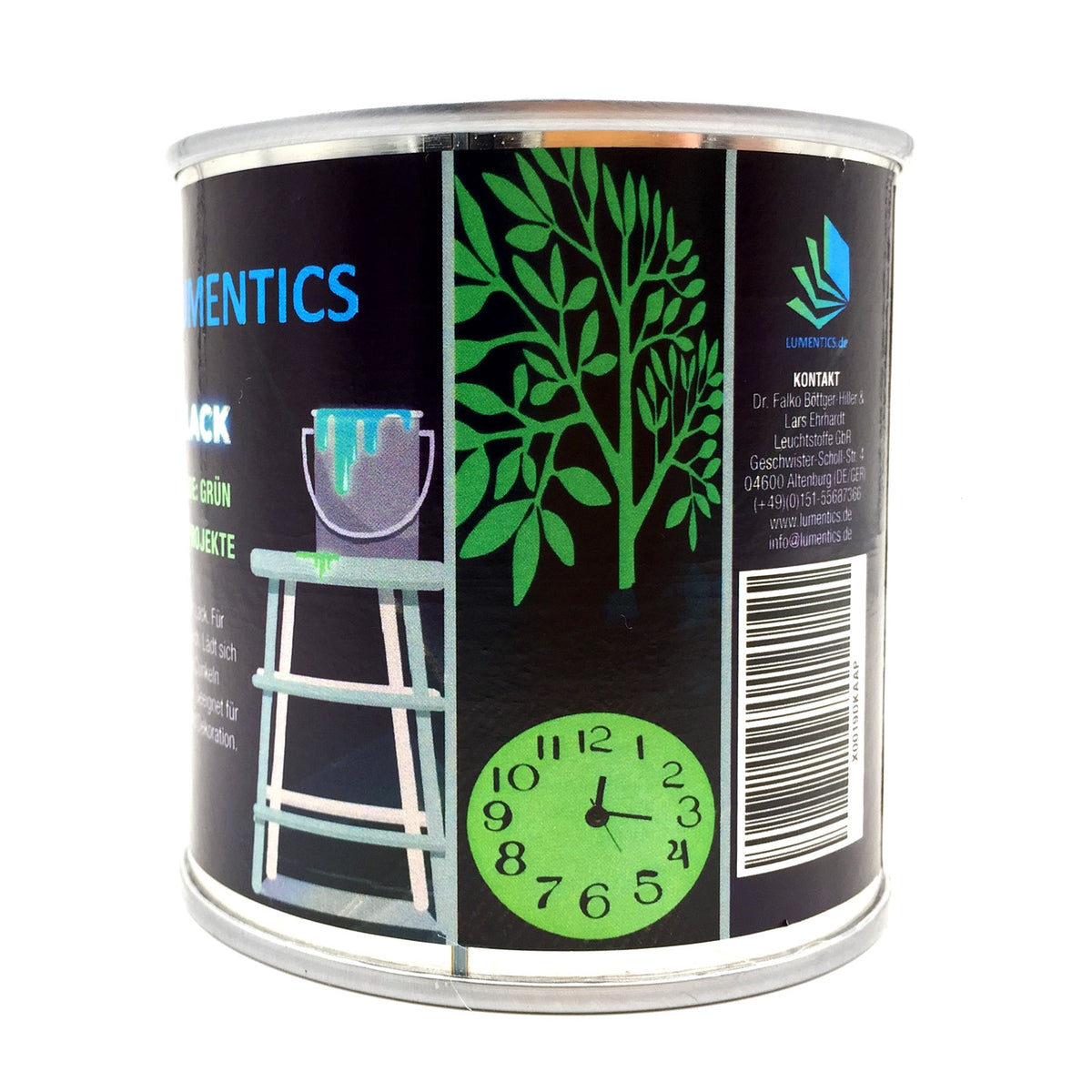 Leuchtlack Grün 250 ml: Dose von der Seite mit Baum- und Uhr-Motiv und Kontaktdaten