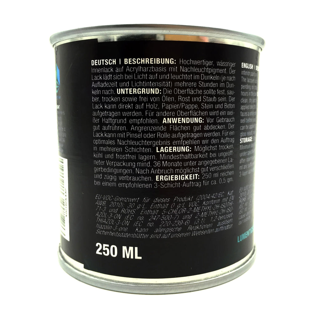 Leuchtlack Grün 250 ml: Dose von hinten, Rückenetikett mit Beschreibung und Füllmenge 250 ml