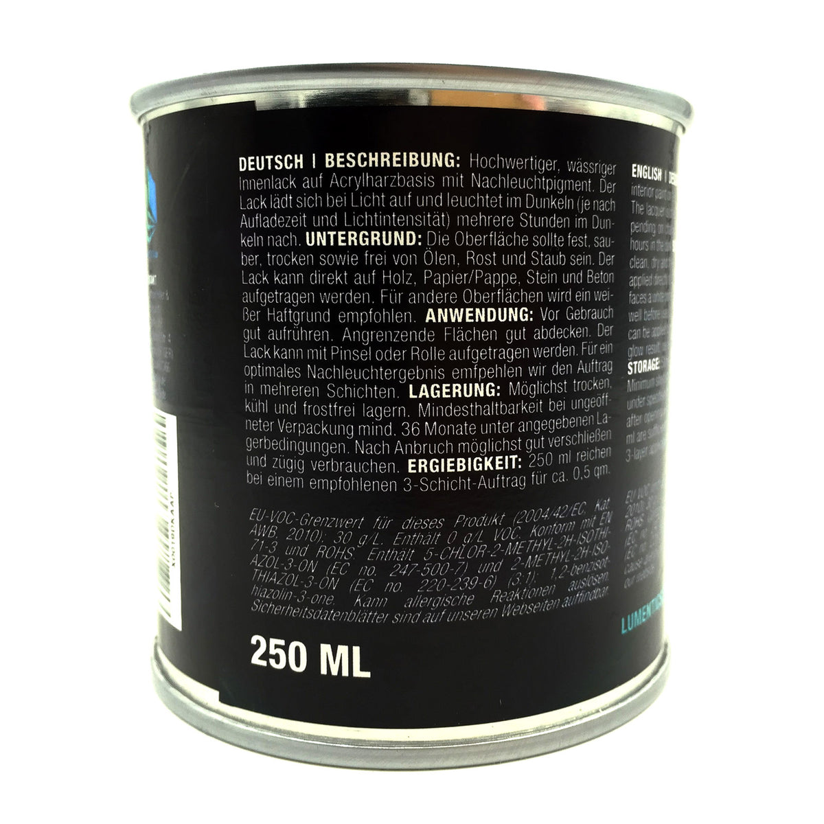 Leuchtlack Grün 250 ml: Dose von hinten, Rückenetikett mit Beschreibung und Füllmenge 250 ml