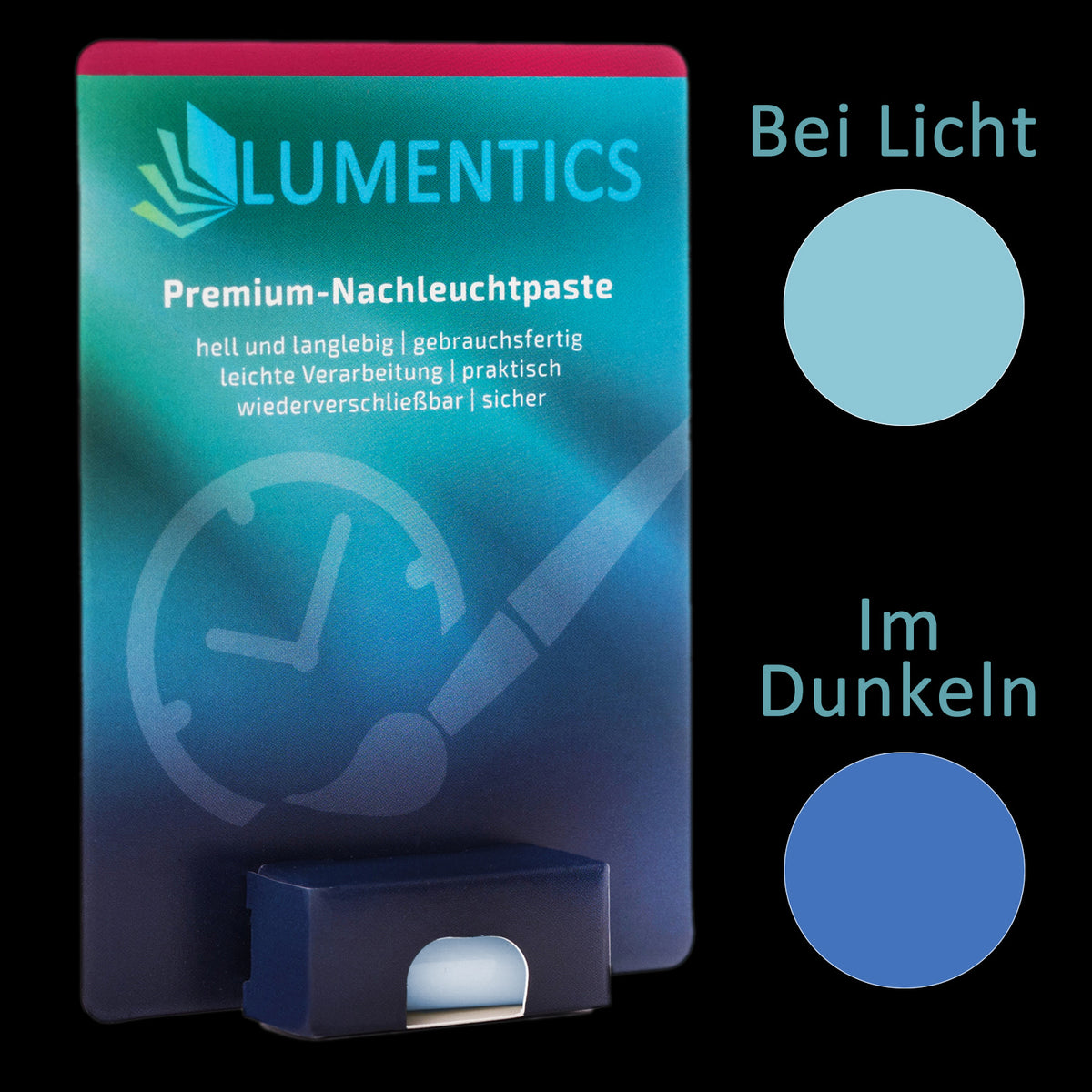 Uhrenzeigerfarbe Blau-Blau 2 g: Karte mit Leuchtpaste, daneben Farbkreise hellblau bei Licht und blau im Dunkeln