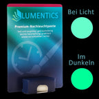 Uhrenzeigerfarbe Grün-Grün 2 g: Karte mit Leuchtpaste, daneben Farbkreise für Licht und Dunkelheit