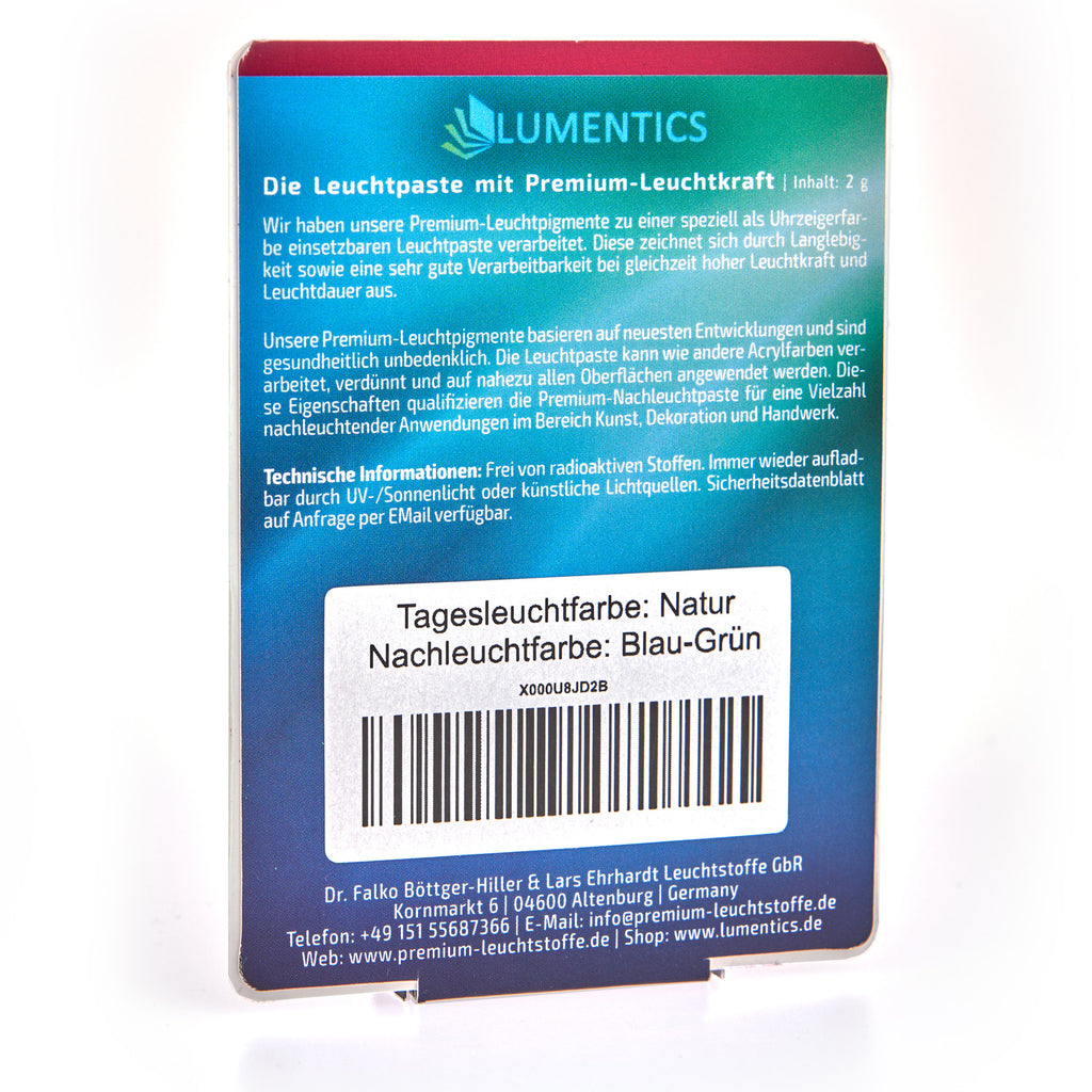 Uhrenzeigerfarbe Natur-Blaugrün 2 g: Kartenrückseite mit Text, Barcode, Tagesfarbe Natur, Nachleuchtfarbe Blau-Grün