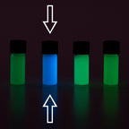 Uhrenzeigerfarbe Natur-Blaugrün 2 g: Vier Fläschchen im Dunkeln von Grün bis Blau, das zweite markiert