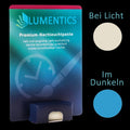 Uhrenzeigerfarbe Natur-Blau 2 g auf Kartenverpackung, daneben Farbkreise: bei Licht beige, im Dunkeln blau