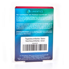 Rückseite der Kartenverpackung Uhrenzeigerfarbe 2 g mit Produkttext, Hinweis Tagesfarbe Natur, Leuchtfarbe Grün und Barcode