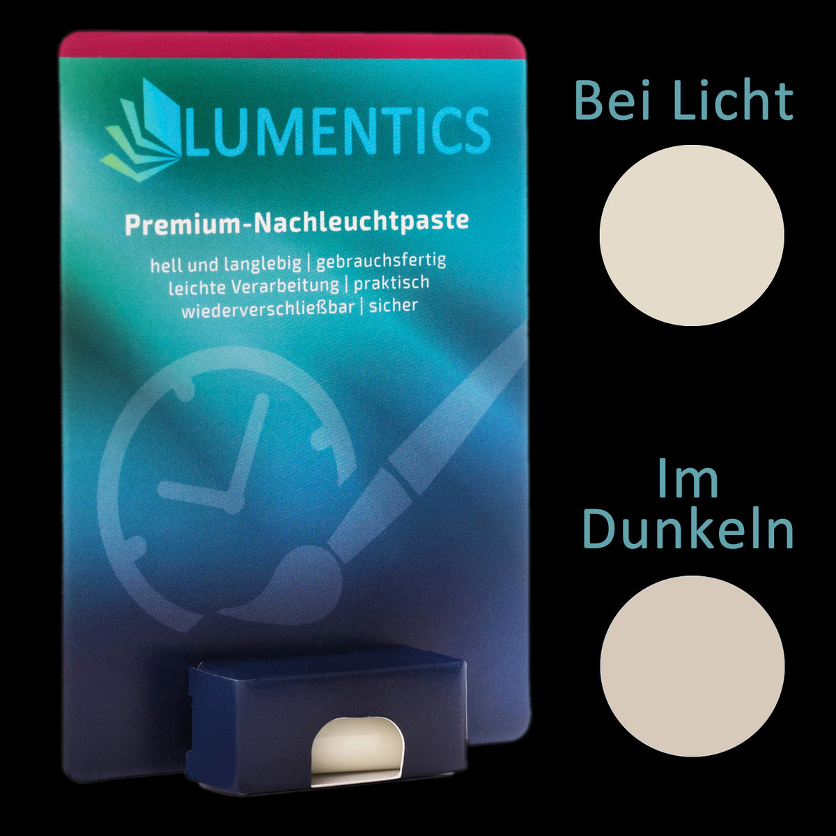Uhrenzeigerfarbe Natur-Weiß 2 g: Karte mit Döschen, rechts Farbpunkte bei Licht und im Dunkeln, beide beige