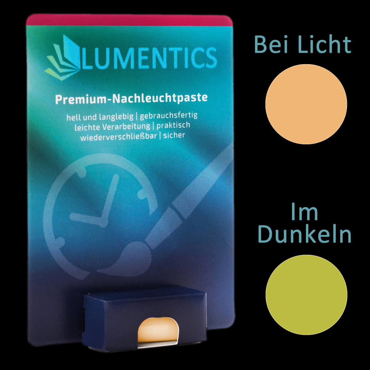 Uhrenzeigerfarbe Orange-Grün 2 g: Karte mit Paste, Farbpunkte: bei Licht orange, im Dunkeln gelbgrün