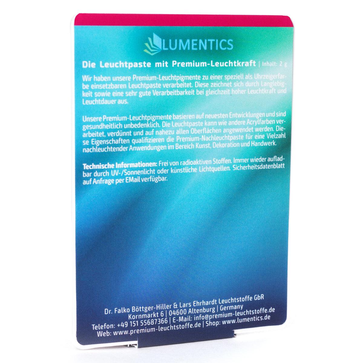 Uhrenzeigerfarbe Natur-Weiß 2 g: Kartenrückseite mit Produkttext und Herstellerangaben