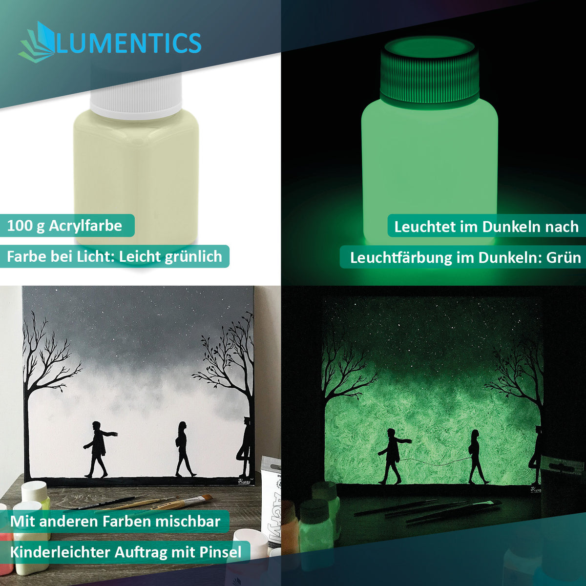 Leuchtfarbe Gelbgrün 100 g, Grafik mit Dose bei Licht und im Dunkeln sowie bemaltem Bild mit Silhouetten