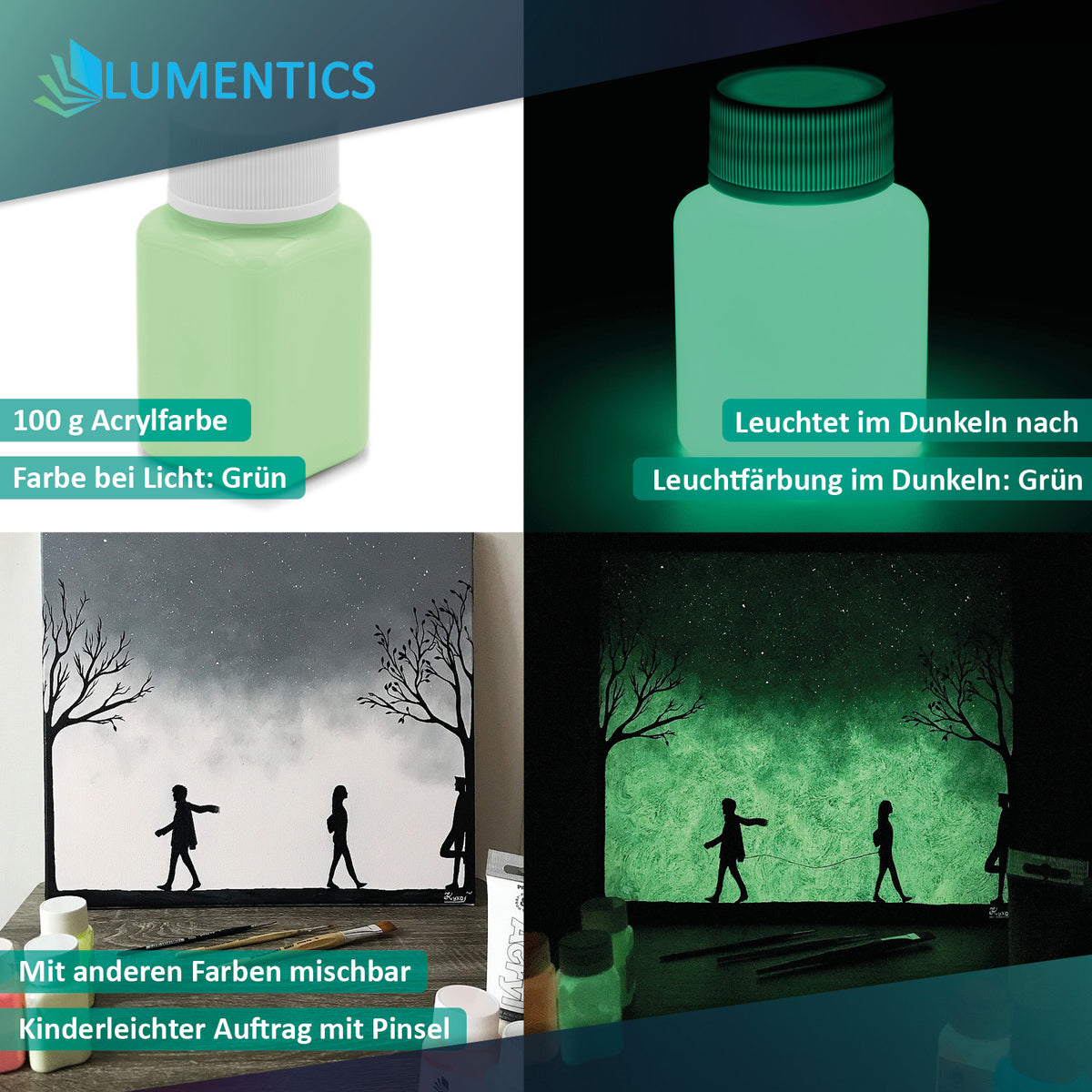 Leuchtfarbe Grün 100 g, Grafik mit Flasche bei Licht und im Dunkeln und gemaltem Bild mit Silhouetten und Bäumen