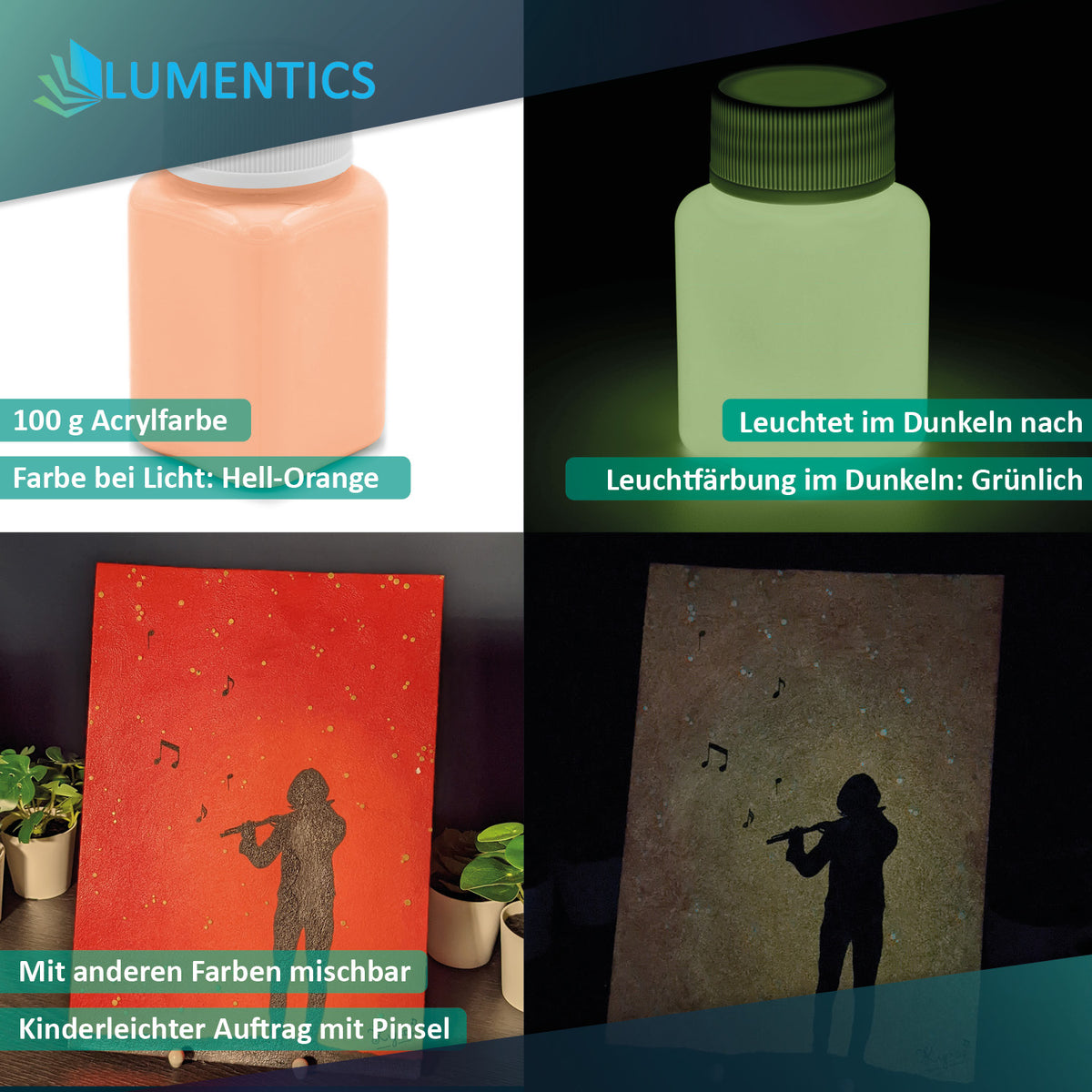 Leuchtfarbe Orange 100 g: Flasche und gemaltes Bild einer Flötenspielerin bei Licht (orangerot) und im Dunkeln