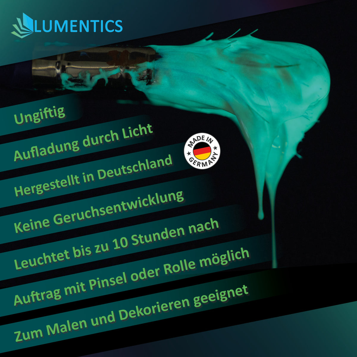 Leuchtlack Blaugrün 250 ml: blaugrüner Lack tropft vom Pinsel; Grafik mit Aufzählung von Eigenschaften