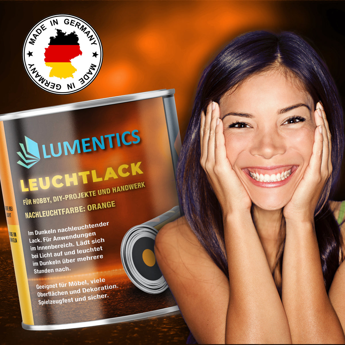 Leuchtlack Orange 250 ml, Dose mit Siegel Made in Germany vor einer lächelnden Frau