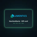 Geschenkkarte lumentics mit Logo, Aufschrift Geschenkkarte und Gift card und den Beträgen 20, 30, 50 und 100 Euro