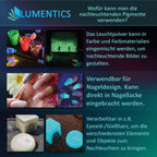 Leuchtpulver Rot 40 g, Grafik: Einsatz in Farbe, Nageldesign und Gießharz, bei Licht und im Dunkeln