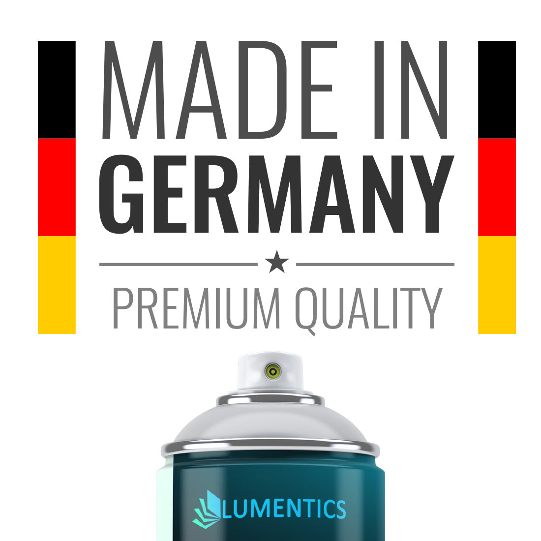 Leuchtspray Hellrot 400 ml, Grafik mit Schriftzug und Deutschlandfarben über der Sprühdose