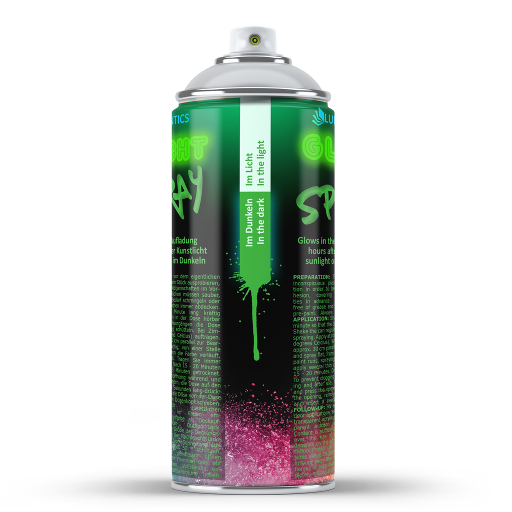 Leuchtspray Natur-Grün 400 ml: Grafik mit Made-in-Germany-Schriftzug und Dosenkopf mit Logo