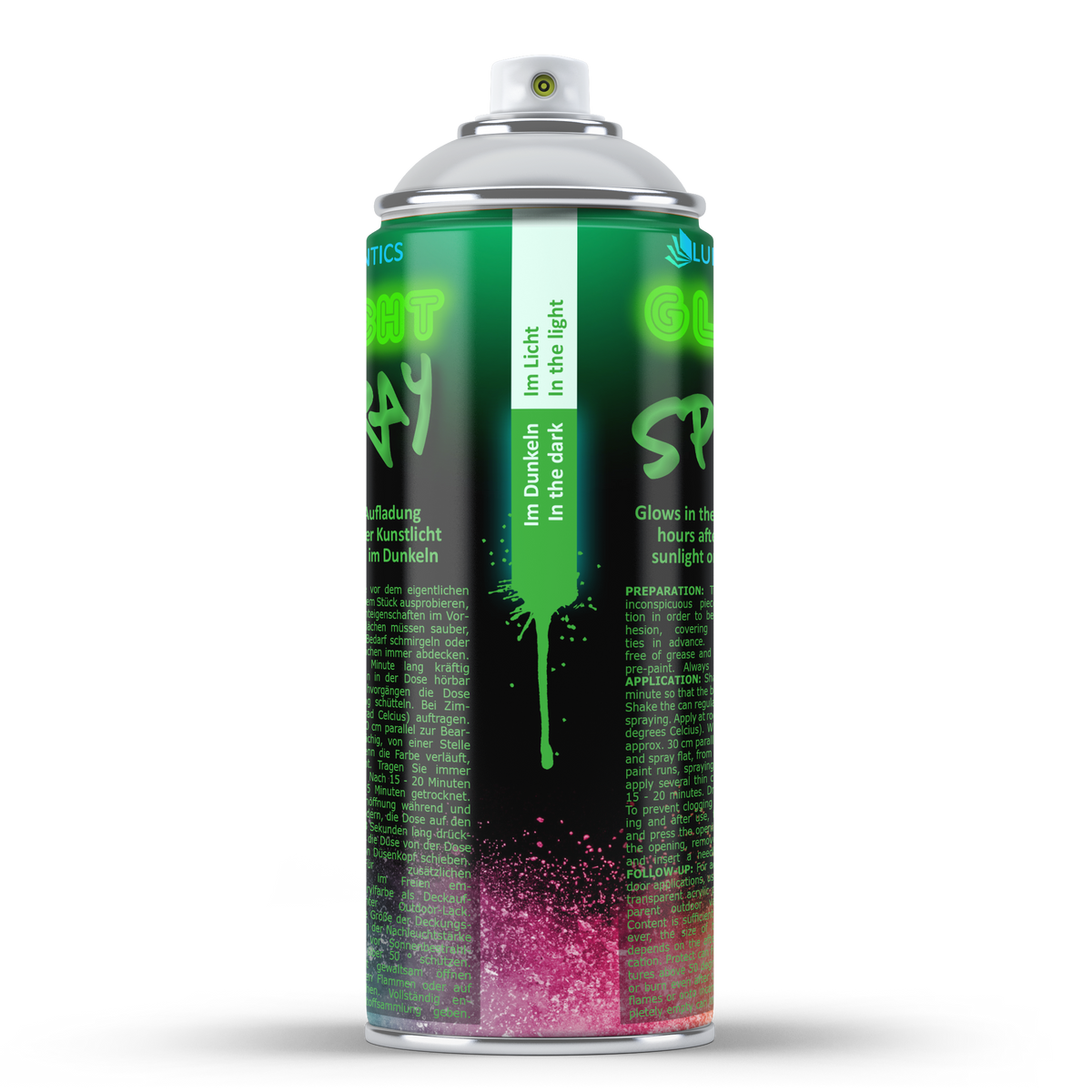 Leuchtspray Natur-Grün 400 ml: Grafik mit Made-in-Germany-Schriftzug und Dosenkopf mit Logo