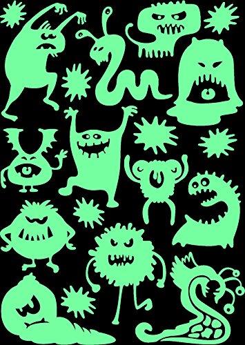 Bogen Leuchtaufkleber Monster im Dunkeln, viele grün leuchtende Monster-Motive und Sterne auf schwarzem Grund