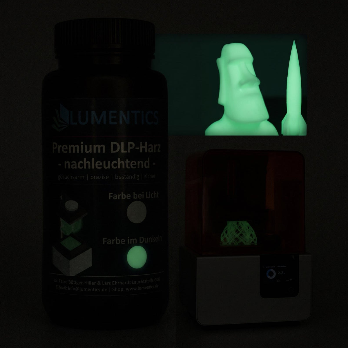 3D-Druckharz Grün 500 g im Dunkeln, grün nachleuchtend