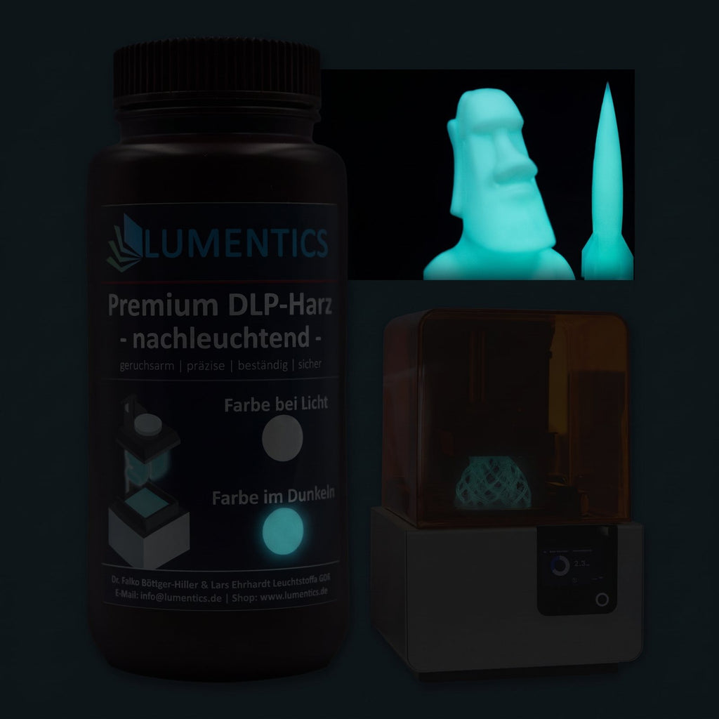 3D-Druckharz Grünblau 500 g im Dunkeln, blaugrün nachleuchtend