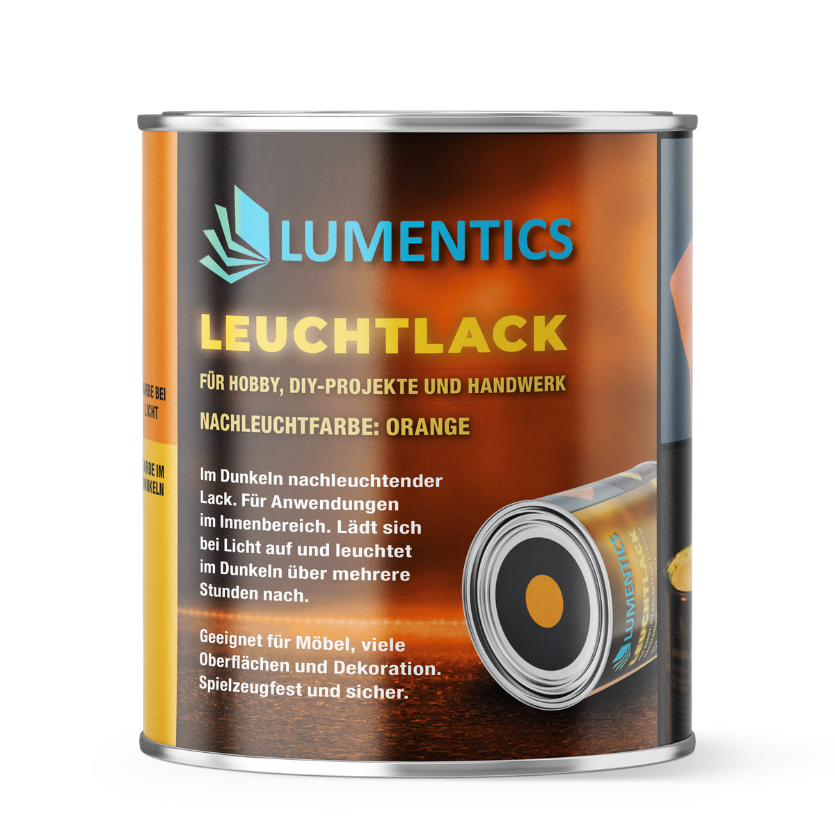 Leuchtlack Orange 250 ml, freigestellte Dose von vorn mit Etikett Nachleuchtfarbe Orange