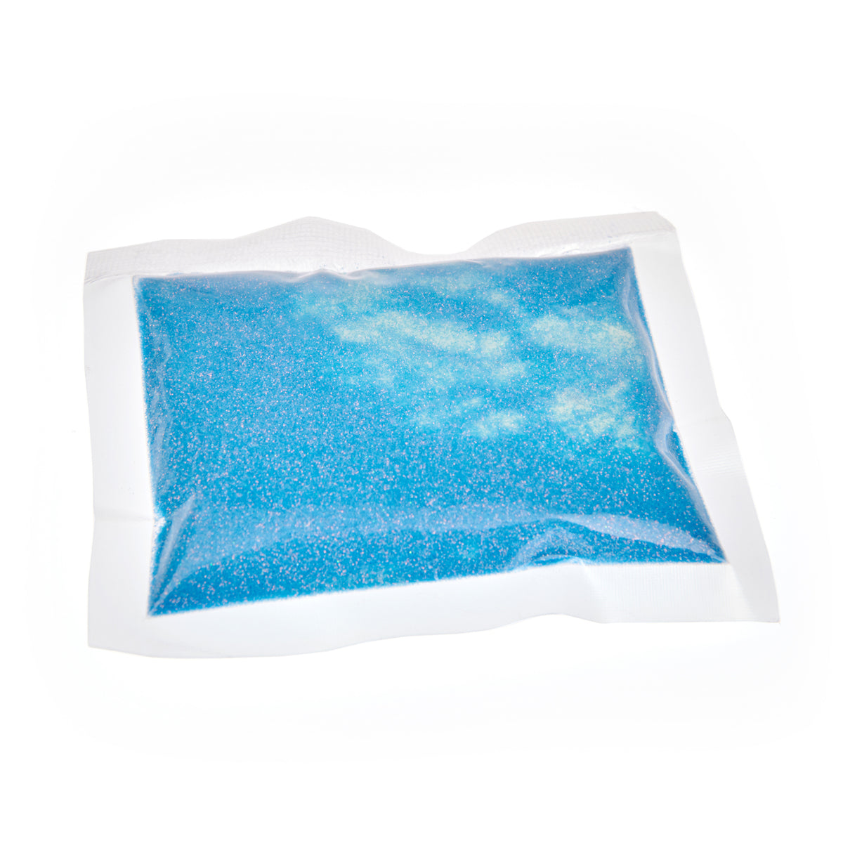 Beutel mit Glitzerpulver Blau 50 g bei Tageslicht als Verpackung, blaues Pulver mit Glitzer
